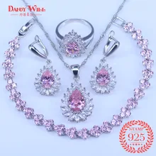 Ювелирные изделия из натурального серебра, розовый кубический цирконий, белый кристалл, ювелирные наборы для женщин, серьги/кулон/ожерелье/кольца/браслет