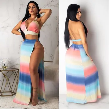 

Women Summer Long Maxi Dresses Two Piece Set 2019 Hollow Out Crop Top Skirts Striped Print 2 Piece Suits