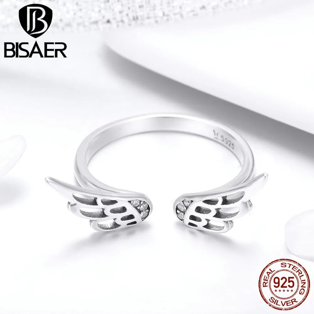 BISAER 925 Sterling Silver Open Size Angel Wings Feathers Adjustable Ring Finger Rings for Women Silver Wedding Jewelry ECR457