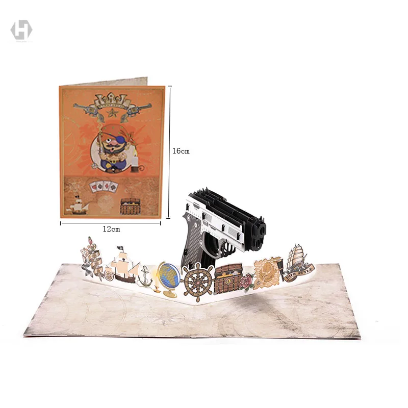 Colorful printing 3D pop up Gun Toy dies greeting card laser cutting envelope postcard hollow carved handmade kirigami gifts | Дом и сад