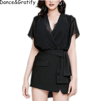 

2019 New Summer Elegant French Style Two Piece Sets V-neck Chiffon Blouses Tops Mini Short Skirt Women Casual Chic Suit