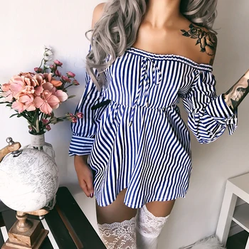

Summer 2019 Women Shirt Dress Vertical Striped Mini Dress Long Sleeve Off Shoulder Loose Female Party Dress Sexy Dress Hot Sale
