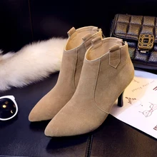 2016 Automne Hiver Dames Élégant Mince À Talons Hauts Cheville Bottes Bout Pointu Marque Designer Court Bottillons En Suède En Cuir Chaussures Femmes
