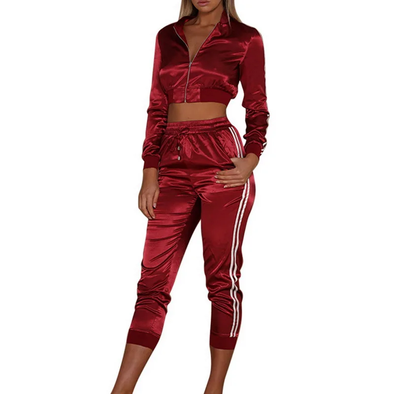 Vertvie, женские комплекты для бега, для фитнеса, спортивные, женские, одноцветные, спортивный костюм, в полоску, укороченные, на молнии, одежда, толстовка+ штаны, костюм - Цвет: Бордовый