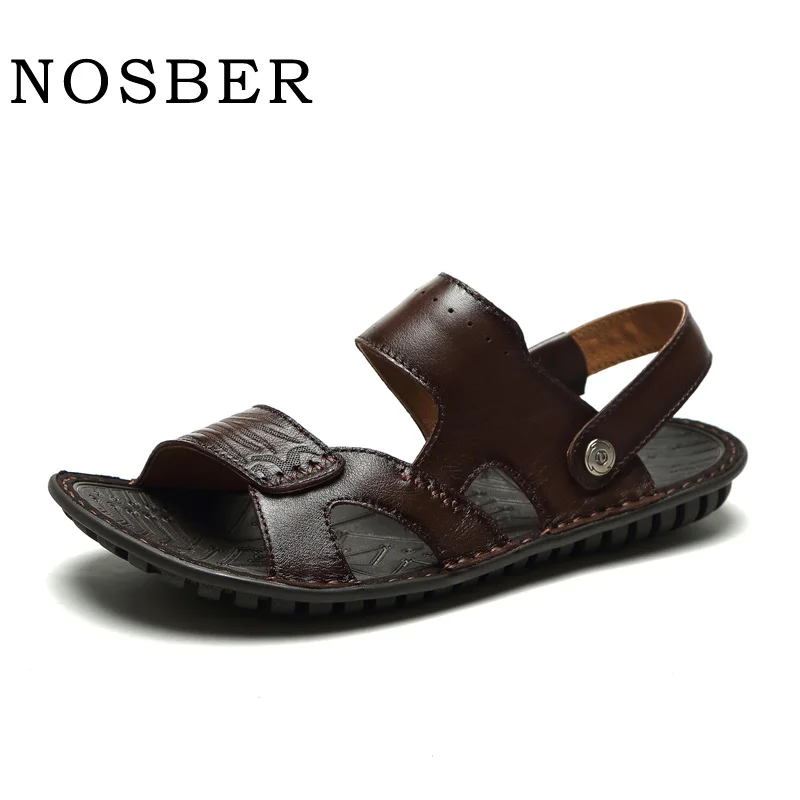 

Genuine Leather NOSBER Summer Soft Male Sandals Shoes For Men Breathable Light Beach Casual Quality Walking Sandal 2018