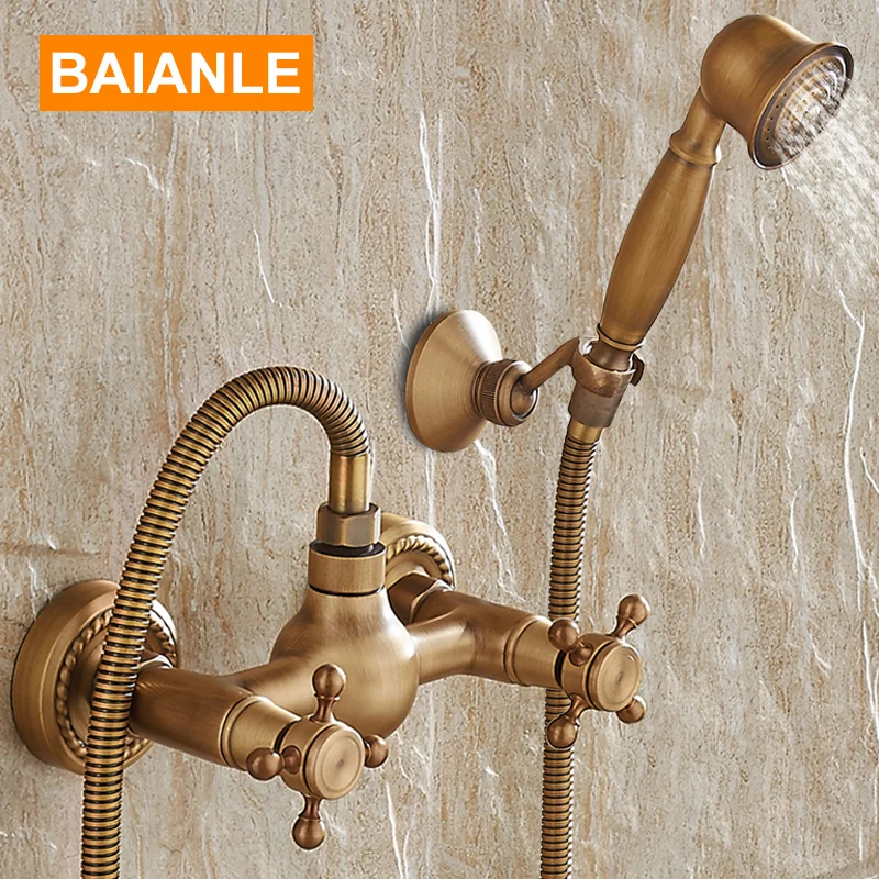 Wall Mounted Antique Brass Shower Set Faucet+Bath Tub Mixer Tap+Double