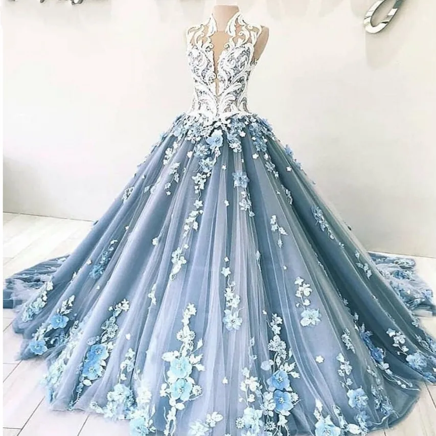 Пыльно-голубой Вечерние платья Аппликация Вечерние платья Длинные фатиновые Роскошные вечерние платья Arabian Vestido Longo robe de soiree