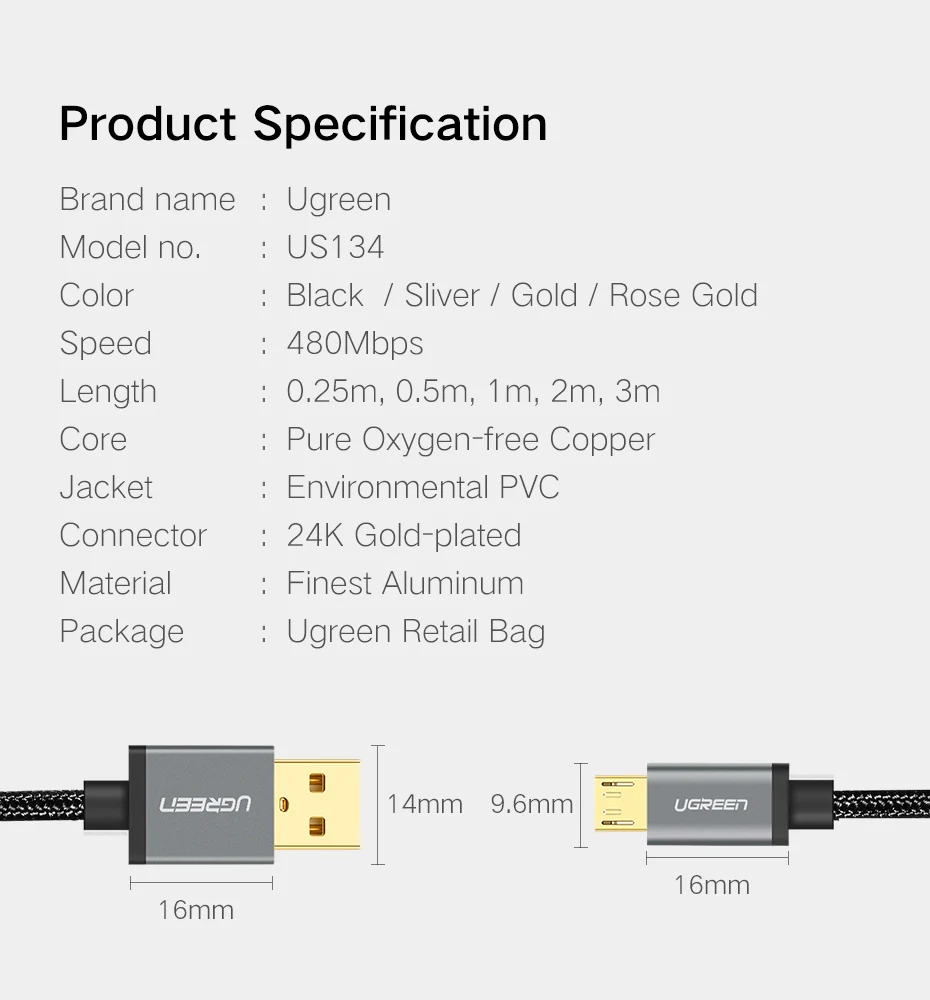 Ugreen Micro USB кабель с нейлоновой оплеткой Зарядное устройство USB к Micro USB кабель для быстрой зарядки для samsung Xiaomi htc планшет USB шнур