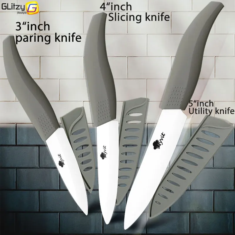 Керамический нож 3, 4, 5 дюймов, набор кухонных ножей из циркония с черным лезвием, набор кухонных поварских ножей из трех предметов, фруктовый Овощной цветной нескользящей ручкой - Цвет: 345 WHITE GREY