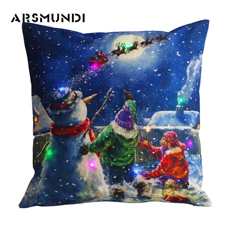 

Merry Christmas Snowman LED Flax Pillowcase Printed Wreath Deer Woven Pillowcase Simple Home use Decorative Pillow Case