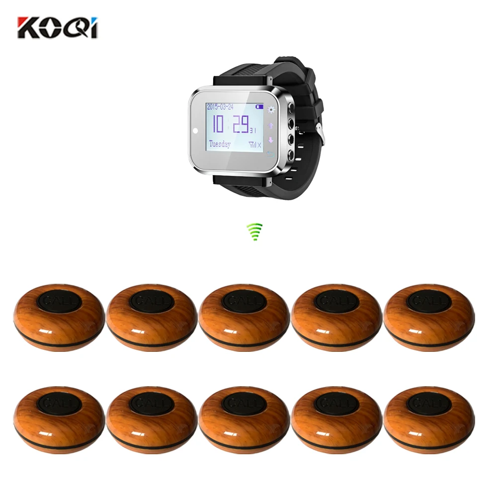 

Wireless Calling System Vibrate Wristwatch Pager K-300plus and wood color Call Button(1 watch+ 10button)