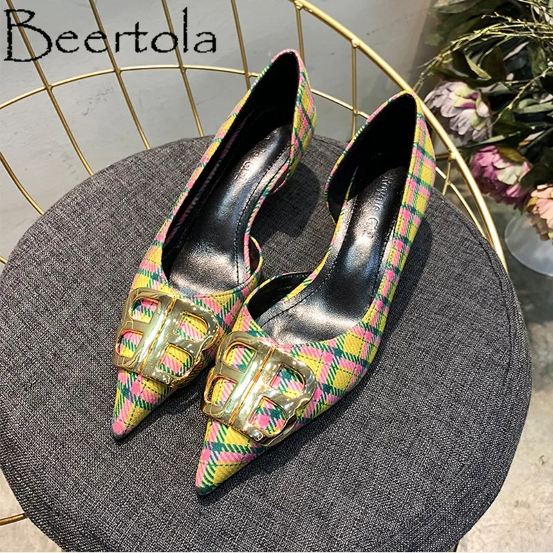 

Spring New Color Women Pumps Lattice Pattern Slip On BB Metal Decor Mules Pointed Toe Party Lady Shoes Mixed Color Zapatos Mujer