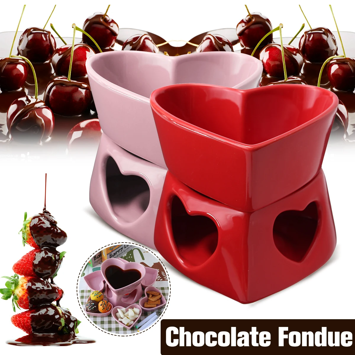 Love Shape Ceramic Chocolate Fondue Set Fondue Dipper Cheese Hot Pot