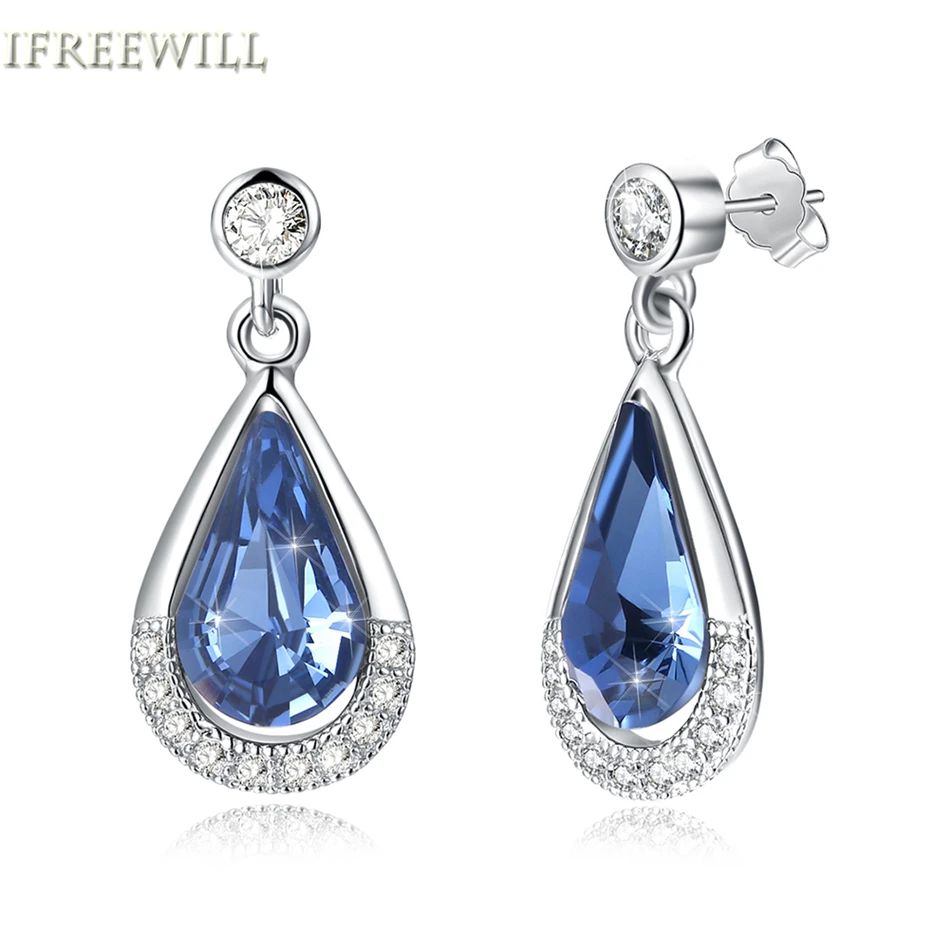 

925 silver crystal stud earrings for woman trendy water drop Blue crystal fashion snd fine jewelry party gift
