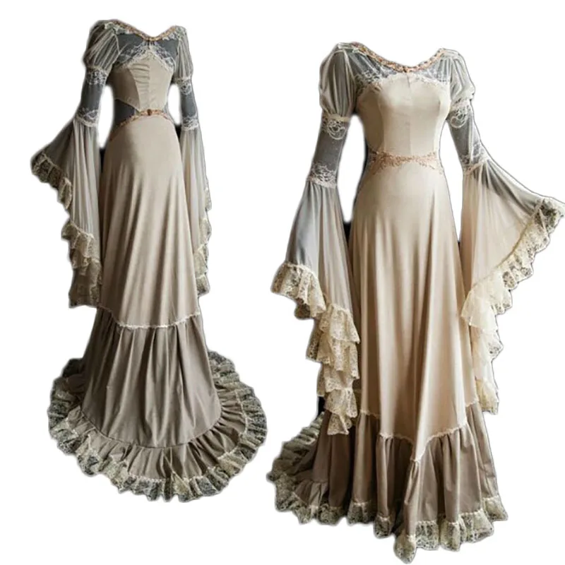 

Medieval Renaissance Princess Costume For Adult Women Wedding Bride Antique Maxi Long Gown Robe Lace Dress For Ladies Halloween