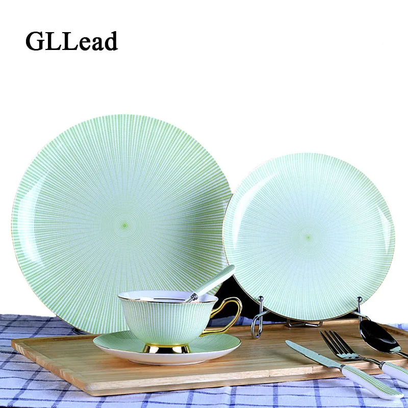 

GLLead Creative New Style Green Stripe Bone China Tableware Hand painted gold ceramic Dinner Service Plate And Cup Saucer Sets