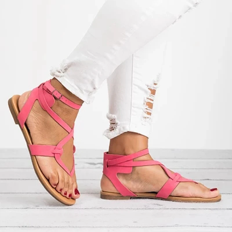 Large Size Women Sandals Summer Shoes Gladiator Style Flat Slippers with Ankle Strap Cross-tie Female Beach Sandals Solid Design