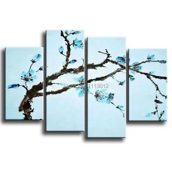 

Modern Abstract Light Blue Camellia Flowers Tree Oil Painting On Canvas 4 Panel Arts Set Home Wall Decorative For Living Room