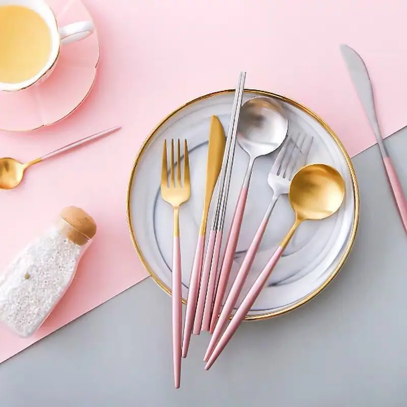 

Pink Handle Cutlery Set Silver 18/10 Stainless Steel Dinnerware Fork Knife Scoops Silverware Home kitchen dinner Tableware set