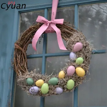 Cyuan 30cm Easter Decoration Natural Rattan Wreath for Easter Egg Decor Kids Easter Party Favors Happy Easter Party Gifts DIY