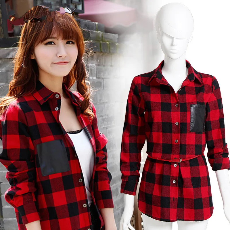 Pop New Nice Fashion font b Women b font Full Sleeve Plaid Pockets Casual Lapel Button