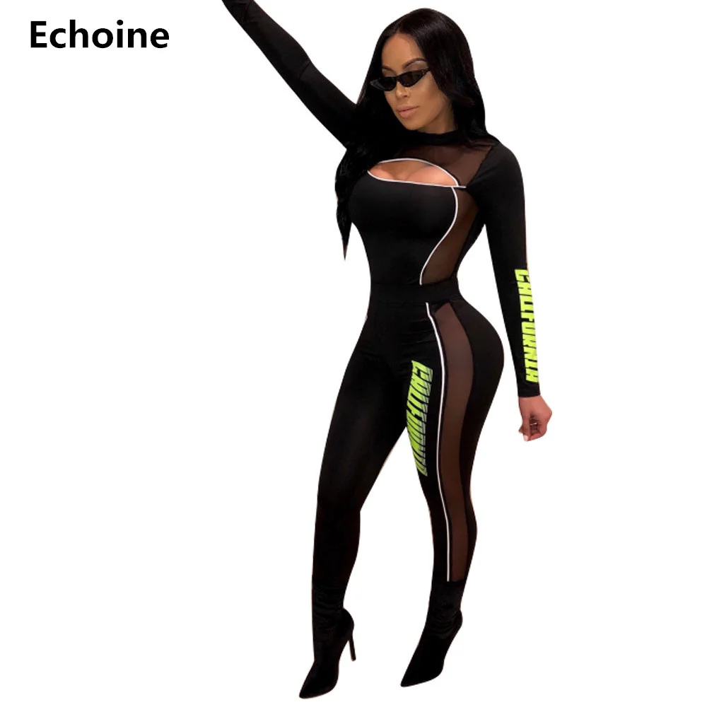 Sheer Mesh Patchwork Fitness Playsuit Sexy Skinny Jumpsuit Bodycon Club