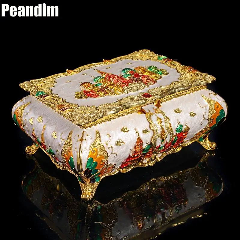 

PEANDIM Vintage Flower Castle Carved Metal Jewelry Box Multi Colors Enameled Pendant Rings Storage Boutique Casket Decor Case