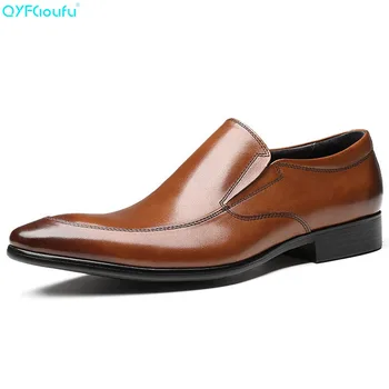 

QYFCIOUFU Fashion Men Dress Shoes Genuine Leather Oxford Shoes Slip On Casual Business Formal Men Shoes Brand Men Wedding Shoes