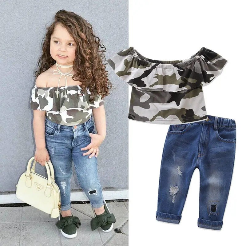 2017 Fashion Cool Kids Girls Off shoulder Short Camo Tops Torn Jeans Pants Outfits Set Summer