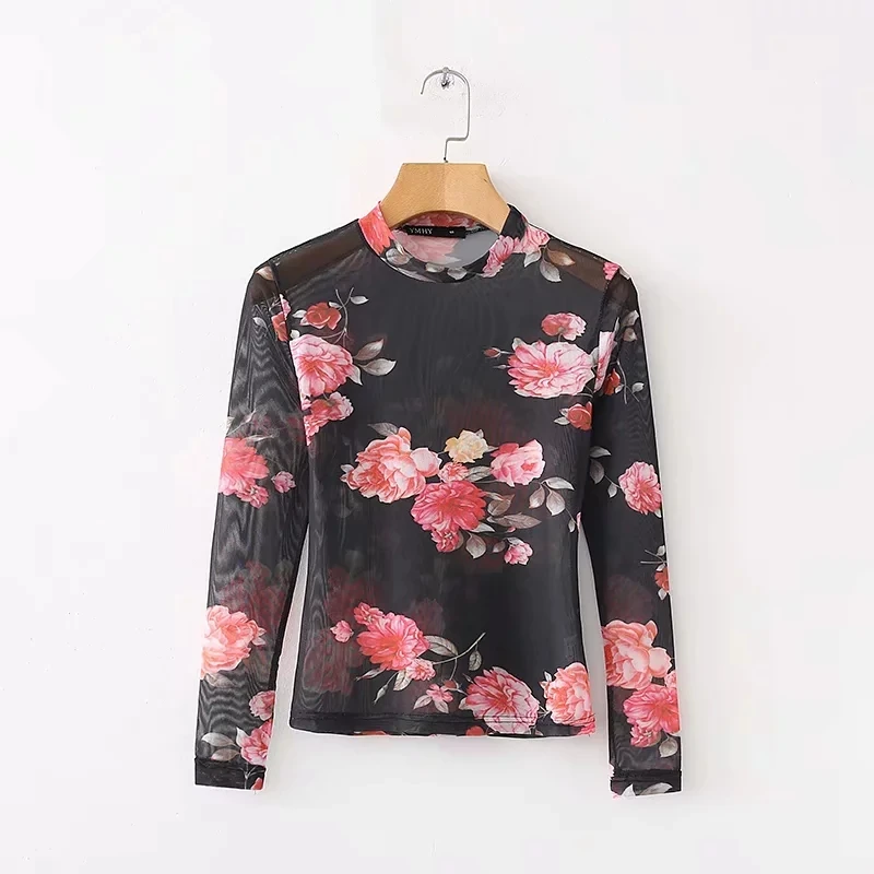 

Flower Printing Translucent Mesh cloth Women T shirt Leisure Female Long Sleeve Tops 2019 Summer Lady Loose Tee Shirt T1212