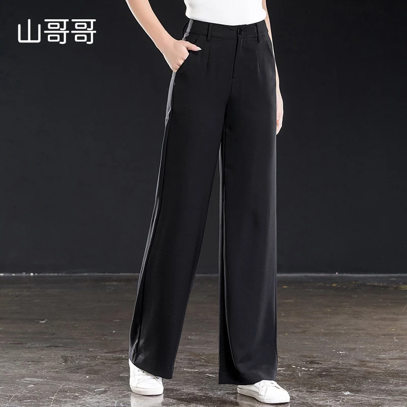 

2019 New Polyester Full Length Loose Laminated Fabric Zipper Fly Solid Black High Waist Flat Wide Leg Pants Women Plus Size