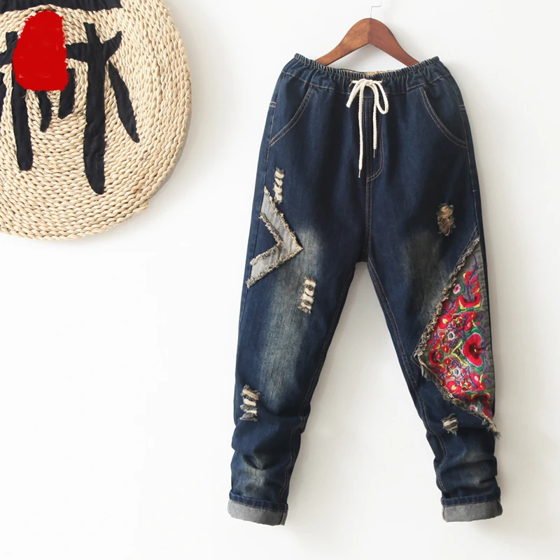 

Autumn Vintage Flower Embroidered jeans Women Elastic Waist Loose Plus Size Haren Pants Denim Trousers High Waist