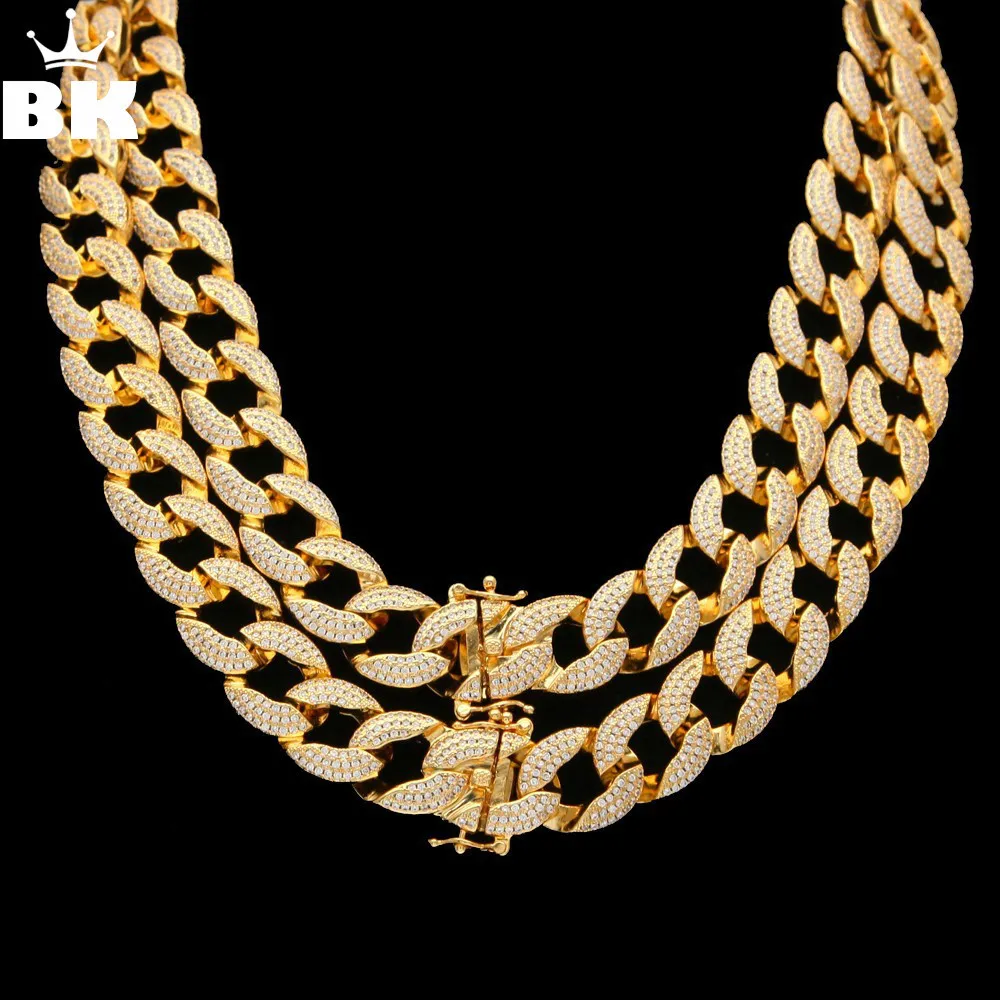 

15mm 3 Row CZ Cuban Link Chain Micro Paved Cubic Zircon Mens Punk Copper Curb Link Necklace Gold Silver 18inch, 20inch,24inch