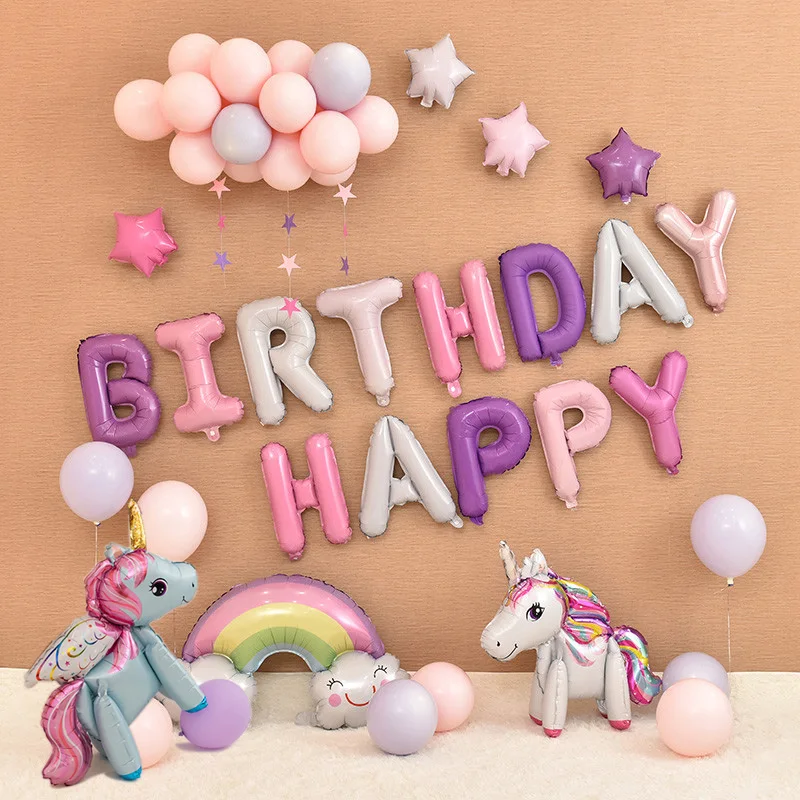 Baratos Globos de fiesta de unicornio Fiesta de cumpleaños feliz Paquete de bolitas de aire Ducha de bebé 1 año Decoración de cumpleaños Chica Niño Cartas Globos de papel de aluminio Revelación de género Fiesta de la princesa