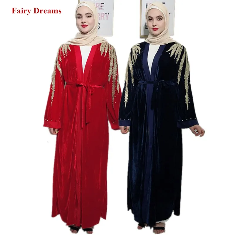

Open Abayas For Women Dubai Blue Red Beaded Coat Muslim Hijab Caftan Long Bandage Cardigan Islamic Clothing Headscarf 2019