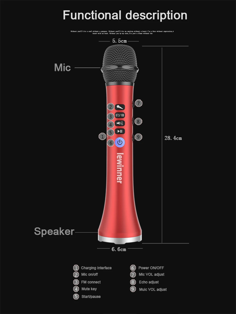 Lewinner L-698, беспроводной микрофон для караоке, Bluetooth, динамик, 2в1, ручной, пой и запись, портативный KTV плеер для iOS/Android