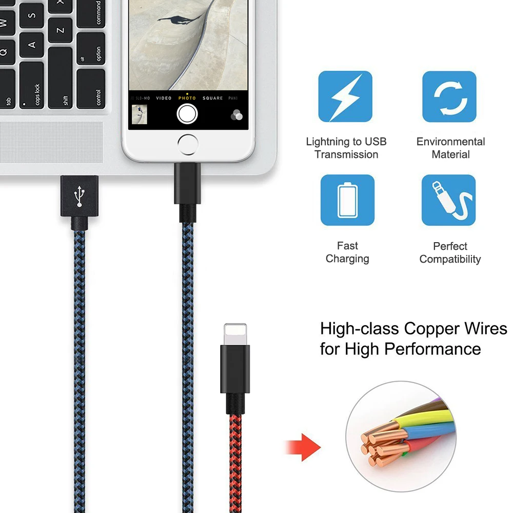 

For iphone cable USB Cable For iPhone 8 7 6s 7plus 5 6 XS XS-max For iPad Mini Lighting Phone Charge Cables 1M 2M 3M Fast