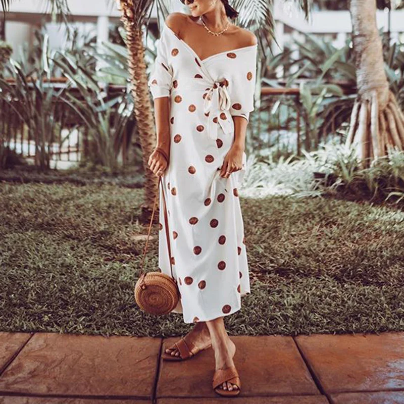 

2019 medium sleeves sexy v-neck printed straps maxi dress strapless lace dress polka dot dress SJ2866Y