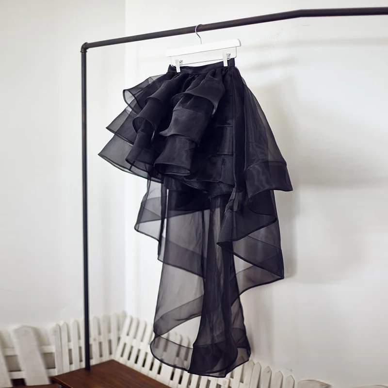 Black Horsehair Women Organza Skirt Hi Low Asymmetrical Bridal Wedding Bridesmaid Skirt Prom Party Skirt