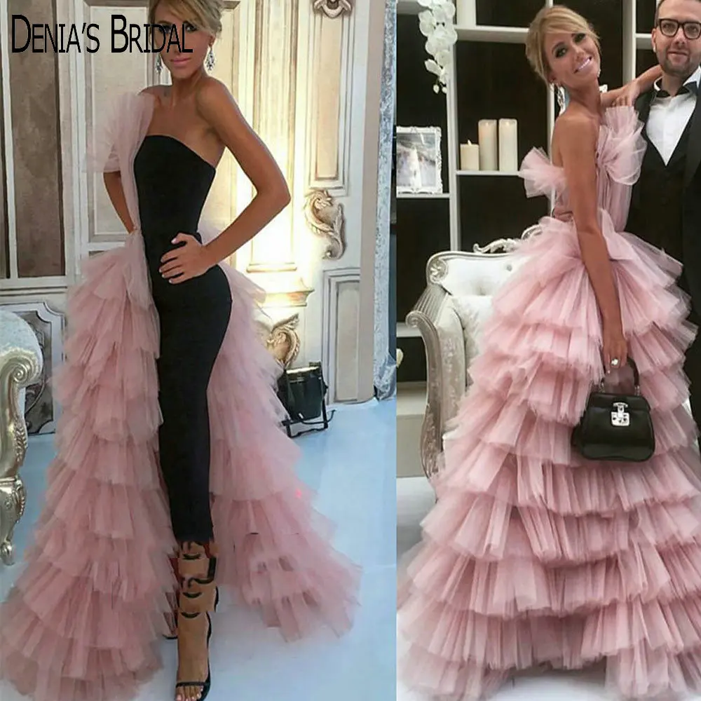 

2019 Black Jumpsuit with Nude Pink Tulle Ruffled Tiered Party Gowns