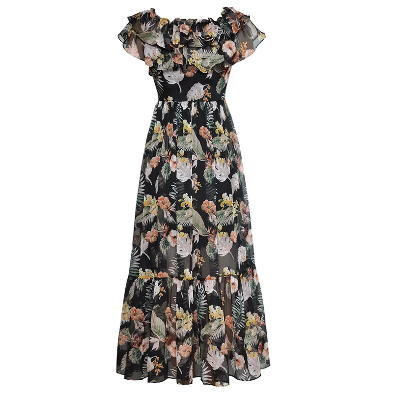 high end dress runway for women printed floral chiffon dress ruffle off
