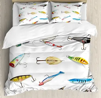 

Fishing Duvet Cover Set Several Fish Hook Equipment Objects Trolling Angling Netting Gathering Activity 4 Piece Bedding Set