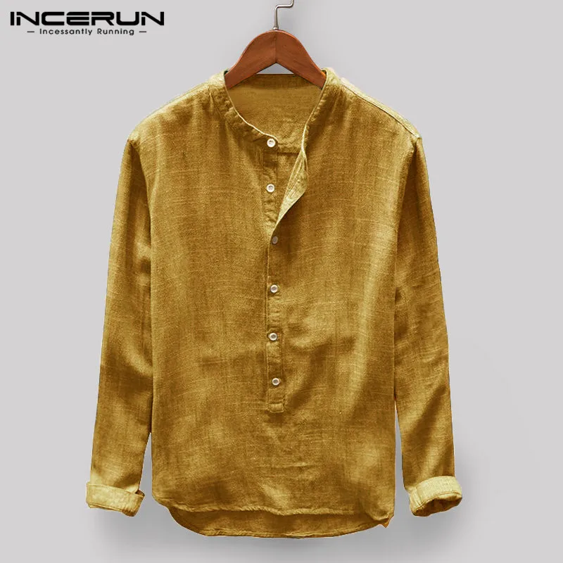 INCERUN, одноцветная винтажная Мужская Повседневная рубашка со стоячим воротником и пуговицами, рубашка с длинным рукавом, топы для мужчин, Camisa Masculina, Harajuku, S-5XL - Цвет: Yellow Shirt