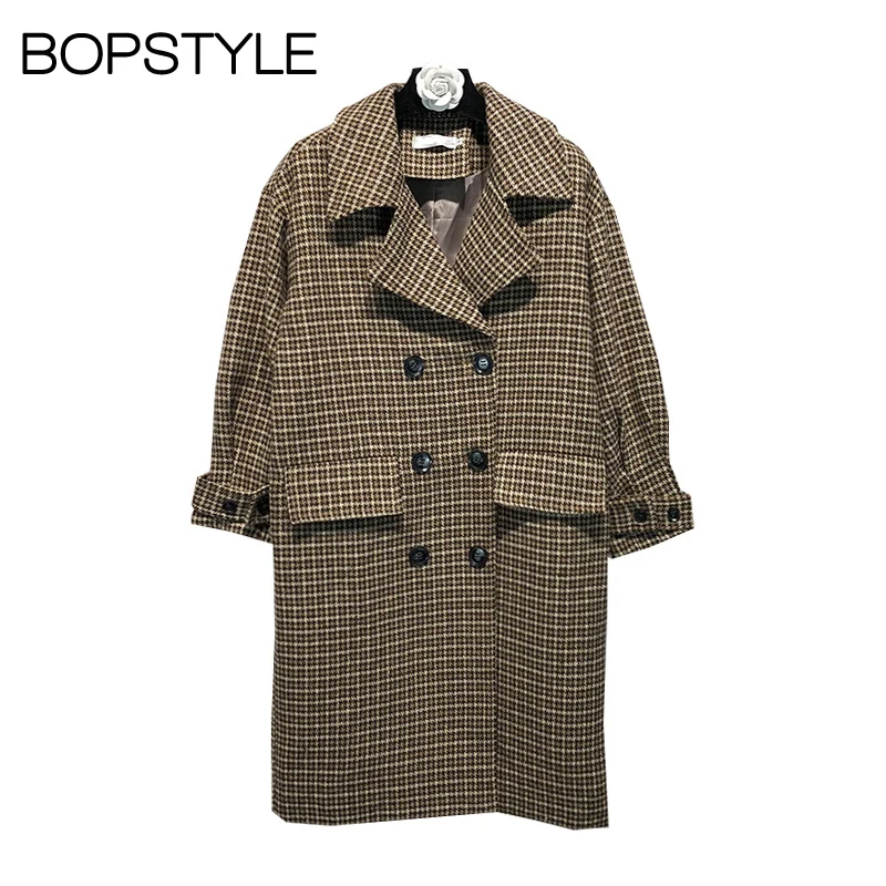 

Fall/Winter 2018 New Women Notched Double-breasted Plaid Tweed Long Trench Coat - Ladies Gingham Checkered Worsted Trench Coat