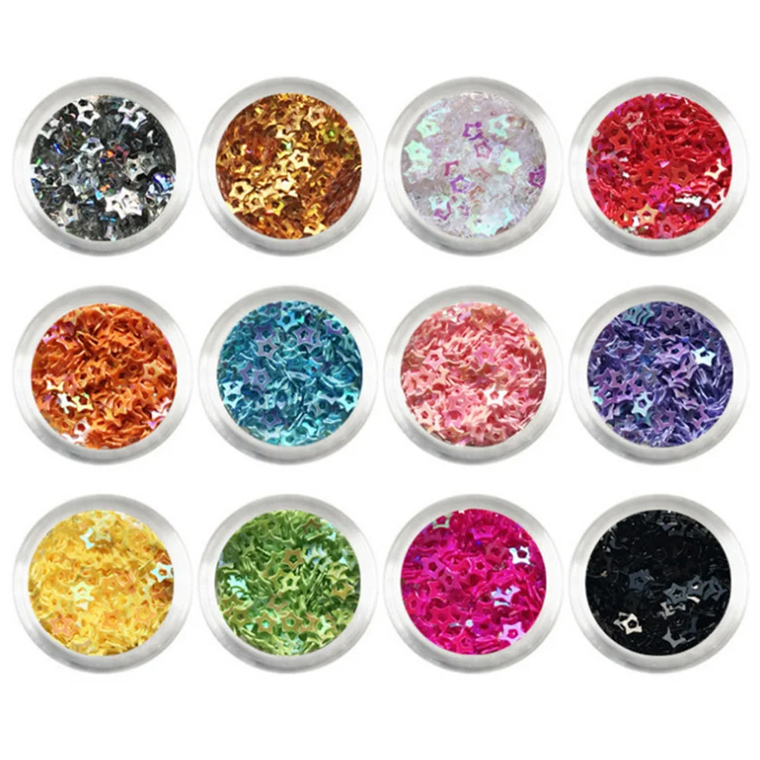 

12 Jars Hollow Star Shape PVC Sequin Glitter Sparkle for Acrylic UV nail, Nail Art Paillettes Decoration