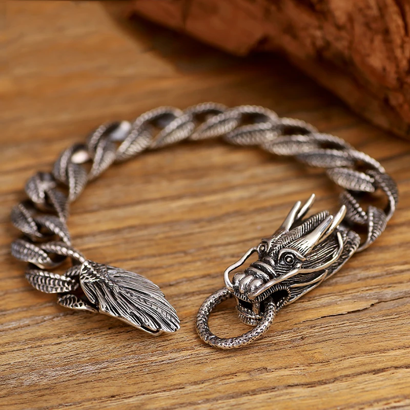 Мужской Байкерский браслет-цепочка из стерлингового серебра 925 пробы с драконом в тайском винтажном стиле, мужской браслет ручной работы в стиле панк