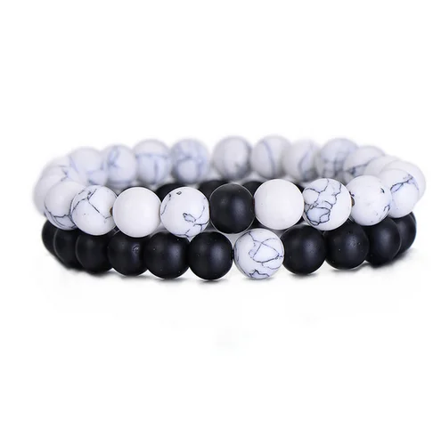 PHB002 2pcs/set 8mm Natural Stone Bracelets& Bangles Couple Bracelet for Lovers Gift - Окраска металла: black white