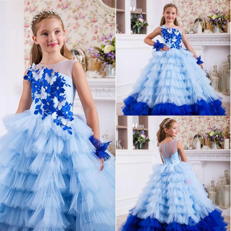 

2019 Royal Blue Puffy Flower Girl Dresses Sheer Neck 3D Butterfly Appliques Little Girls Pageant Dress Kids Birthday Wear