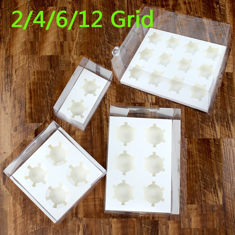 10set 2/4/6/12 grilles couvercle transparent cas Cupcake boîte récipient en plastique pour cupcakes mini muffins transporteur cookie papier emballage (lot de 10)