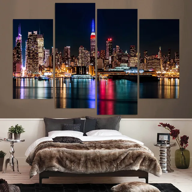Lukisan Untuk Ruang Tamu Cuadros Home Deco 4 Panel New York Kota Di Lukisan Untuk Ruang Tamu Cuadros Home Deco 4 Panel New York Kota Di Malam Hari Print